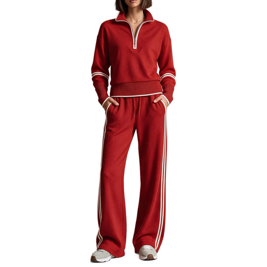 Damen Komfortables Strick-Jogging-Set mit Stehkragen, halbem Reißverschluss und Kontraststreifen Nord Taschen