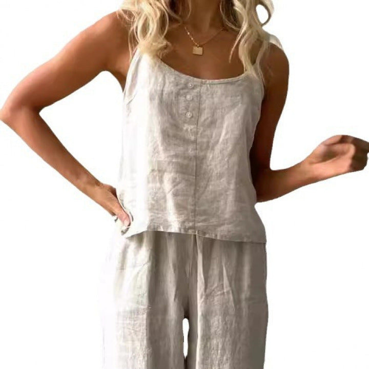 Damen lässiges Leinen-Set mit trägerloser Bluse und weiten Hosen