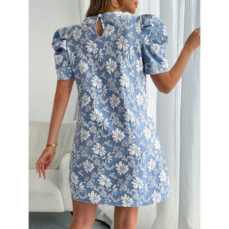 Damen Kurzarmkleid mit voluminiösen Ärmeln und floralen Stickereien