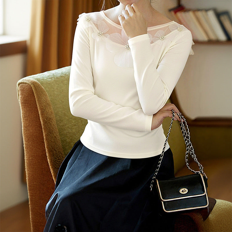 Damen Elegantes Langarmshirt mit transparentem Tüll‑Einsatz und 3D‑Blütenapplikation Nord Taschen