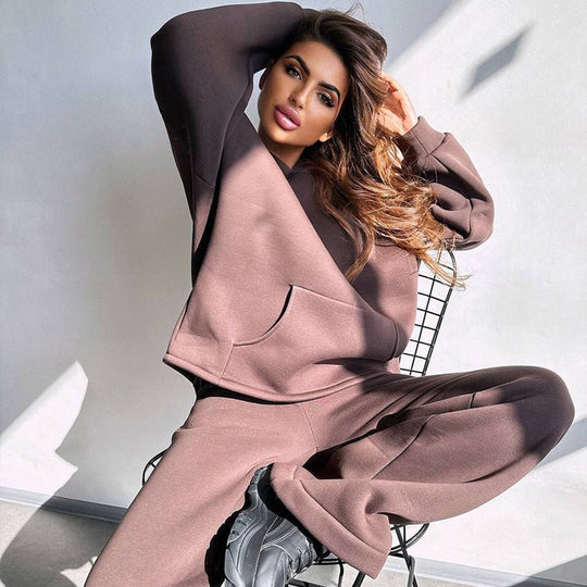 Damen Scuba-Fleece Lounge-Set mit Oversize-Kapuzenpullover und weiter Flare-Hose Nord Taschen