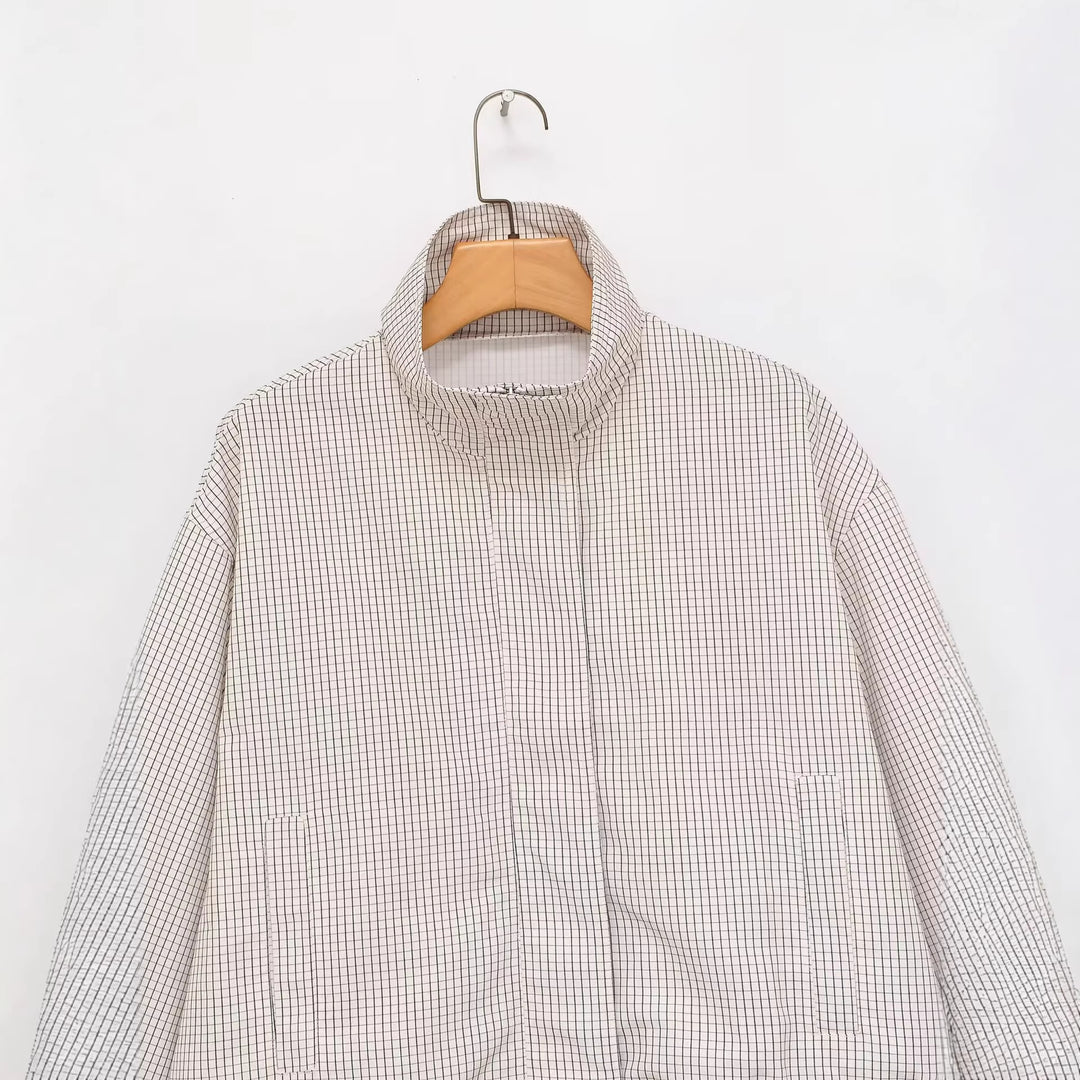 Damen Karierte Cropped-Jacke mit Stehkragen, Tunnelzug und verdecktem Reißverschluss Nord Taschen