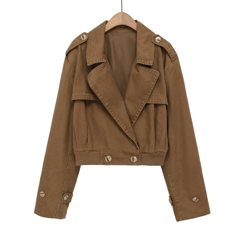Damen Cropped Trench‑Blousonjacke mit doppelreihiger Knopfleiste, Schulterpatten und elastischem Saum Nord Taschen