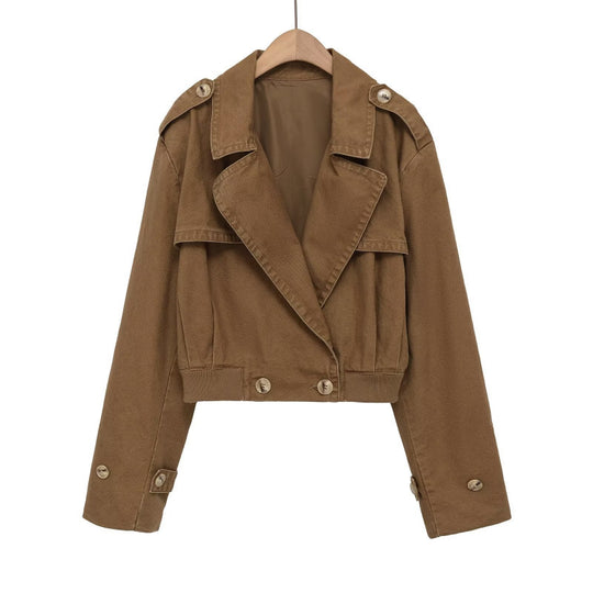 Damen Cropped Trench‑Blousonjacke mit doppelreihiger Knopfleiste, Schulterpatten und elastischem Saum Nord Taschen