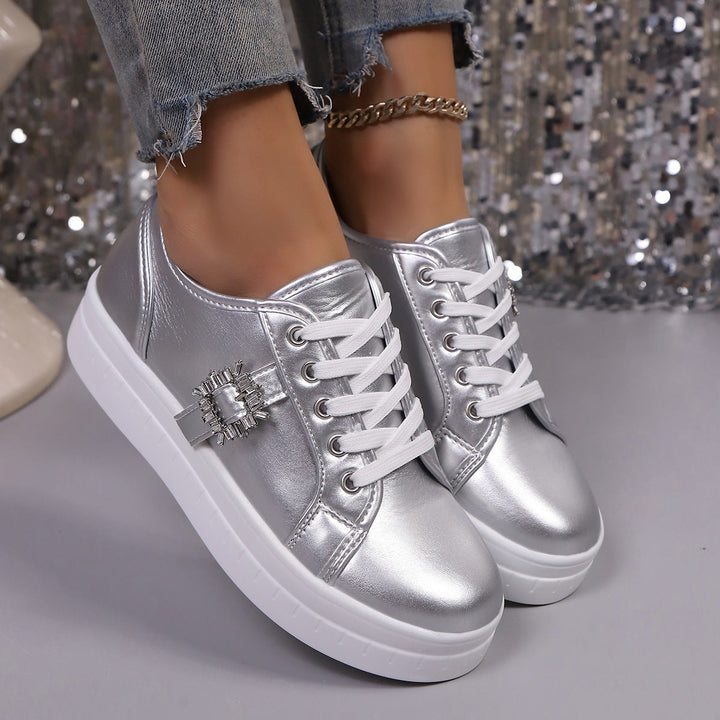Damen modische Plateausneakers aus hochwertigem mit dekorativem Kristallbesatz