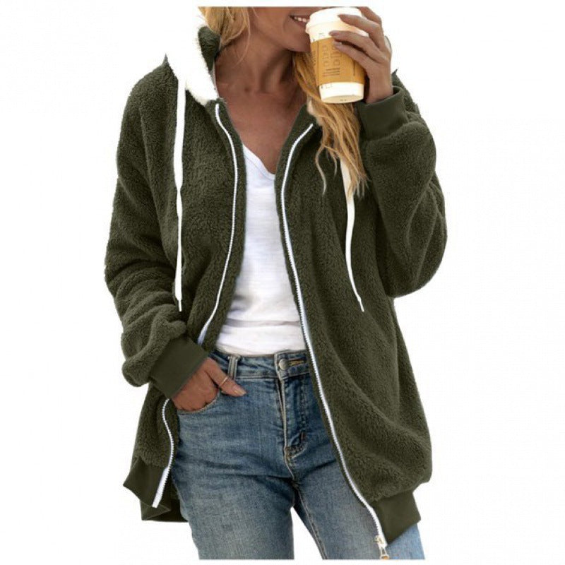 Damen Oversized Sherpa-Zipjacke mit Kontrastkragen, Rippbündchen und Kordelzug Nord Taschen