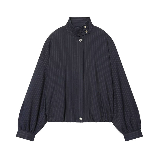 Damen Kurze Nadelstreifen-Blousonjacke mit Stehkragen, Ballonärmeln und elastischem Saum Nord Taschen