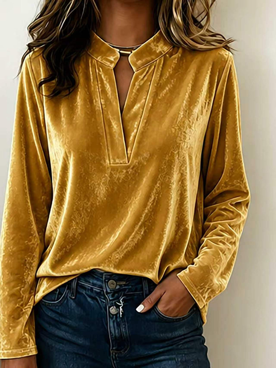 Damen Samtbluse mit Stehkragen, tiefem V-Ausschnitt und lockerem Langarm-Schnitt Nord Taschen