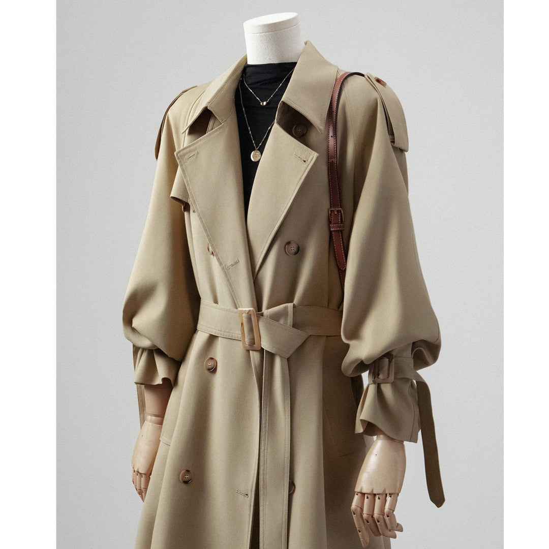 Damen Trenchcoat mit Ballonärmeln, doppelreihiger Schnitt und Taillengürtel Nord Taschen