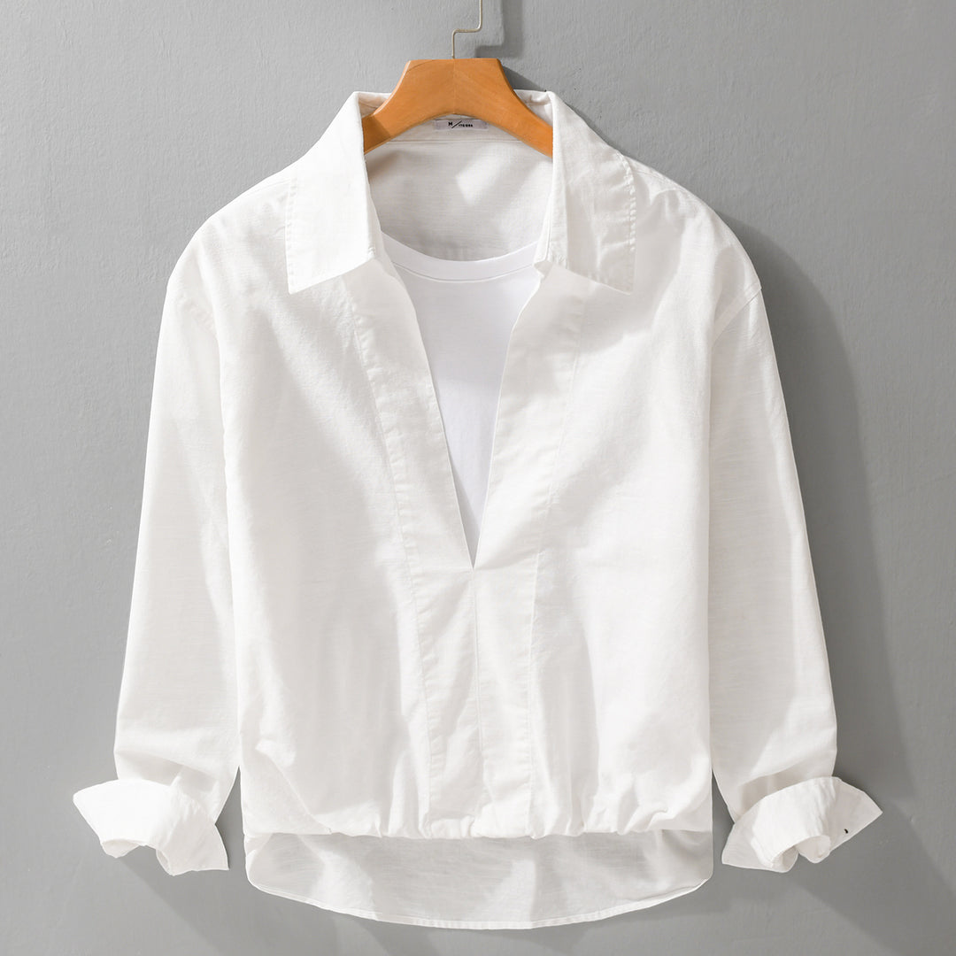 Herren Leichtes Leinen-Overshirt mit V-Ausschnitt, Hemdkragen und elastischem Saum Nord Taschen