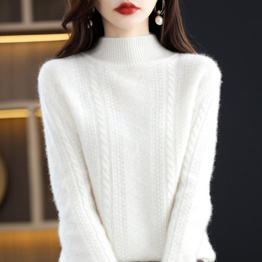Damen Weicher Mohair‑Optik Mockneck‑Pullover mit Zopfmotiv und feinem Rippkragen Nord Taschen