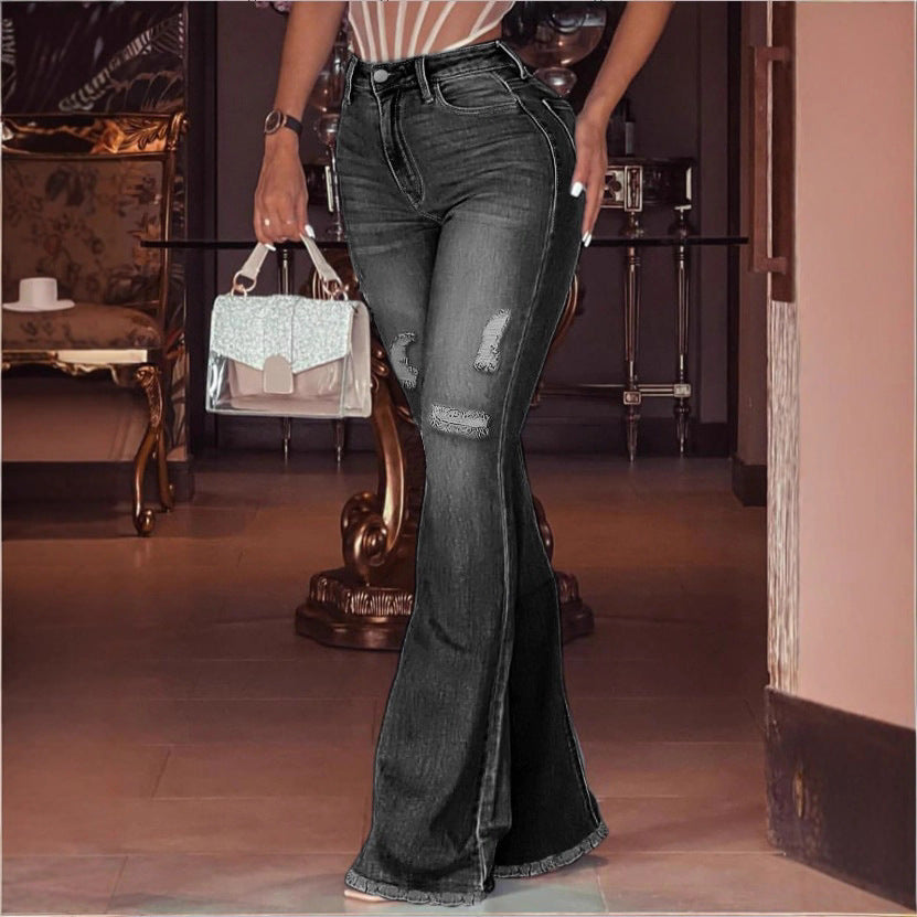 Damen Hochtaillierte Flared-Jeans mit Knie-Rissen, Fransen-Saum und ausgestelltem Bein Nord Taschen