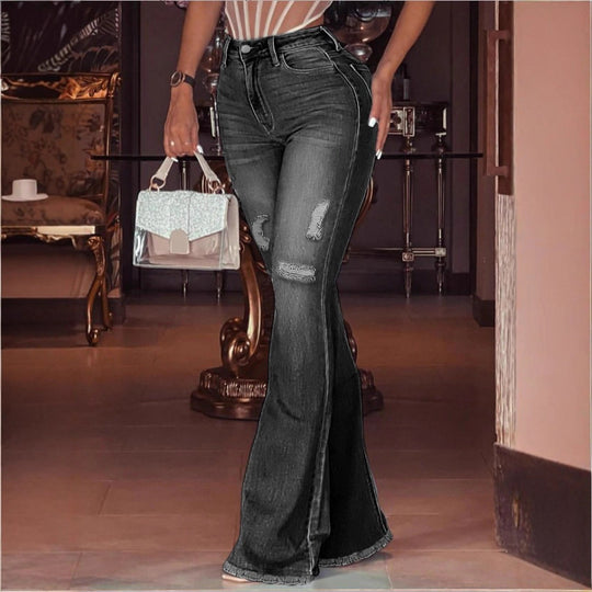 Damen Hochtaillierte Flared-Jeans mit Knie-Rissen, Fransen-Saum und ausgestelltem Bein Nord Taschen