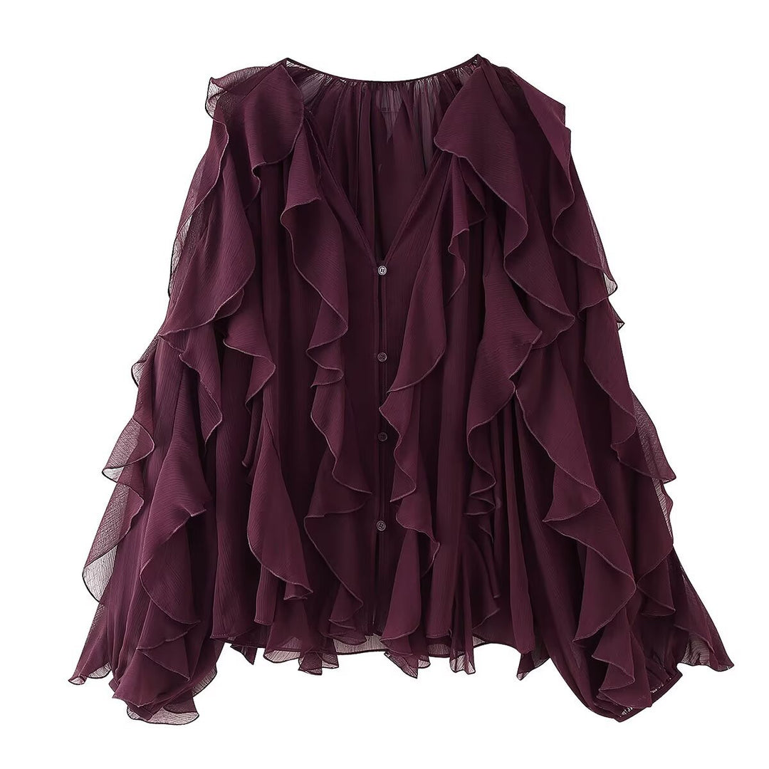 Damen Volant-Chiffonbluse mit Knopfleiste, gerafftem Ausschnitt und Ballonärmeln Nord Taschen