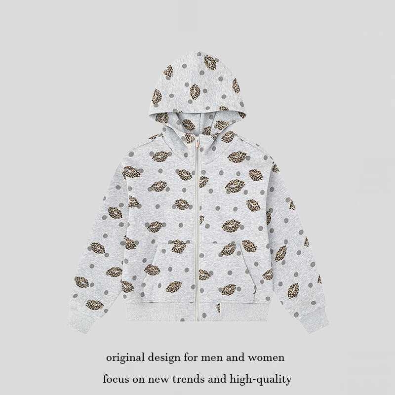 Damen Reißverschluss-Hoodie im Casual-Look mit Lippen‑Motiv und Punktmuster Nord Taschen