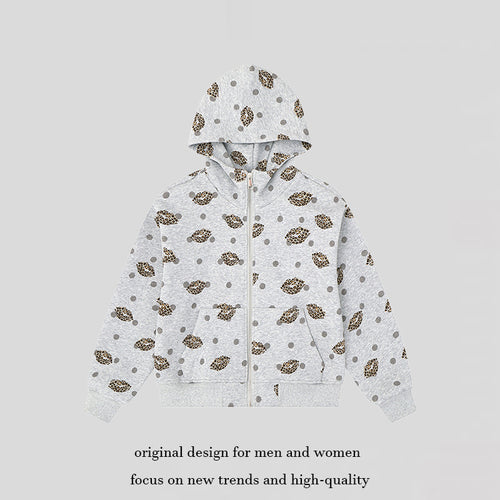 Damen Reißverschluss-Hoodie im Casual-Look mit Lippen‑Motiv und Punktmuster Nord Taschen