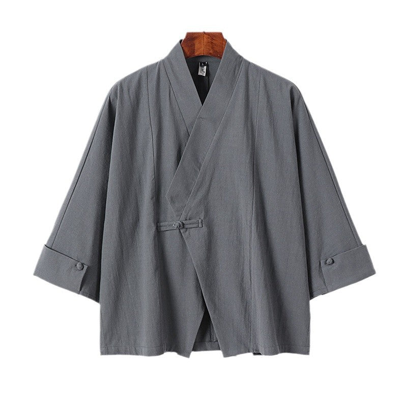 Herren Leinen-Kimono-Jacke mit traditionellem Knotenverschluss und mittel-langen Ärmeln Nord Taschen