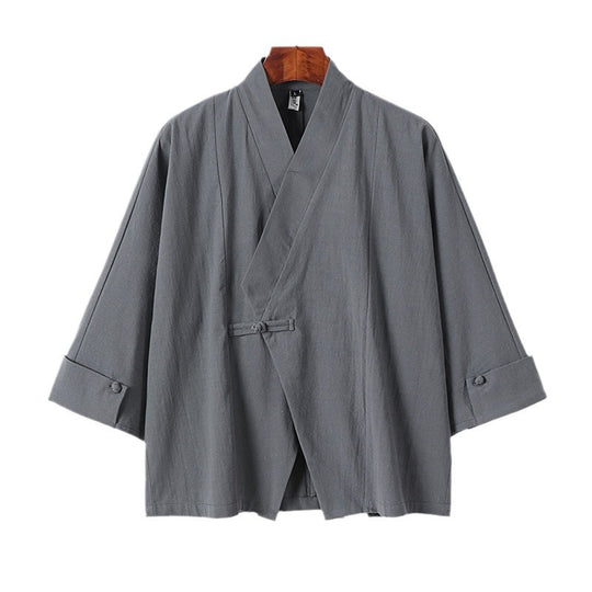 Herren Leinen-Kimono-Jacke mit traditionellem Knotenverschluss und mittel-langen Ärmeln Nord Taschen