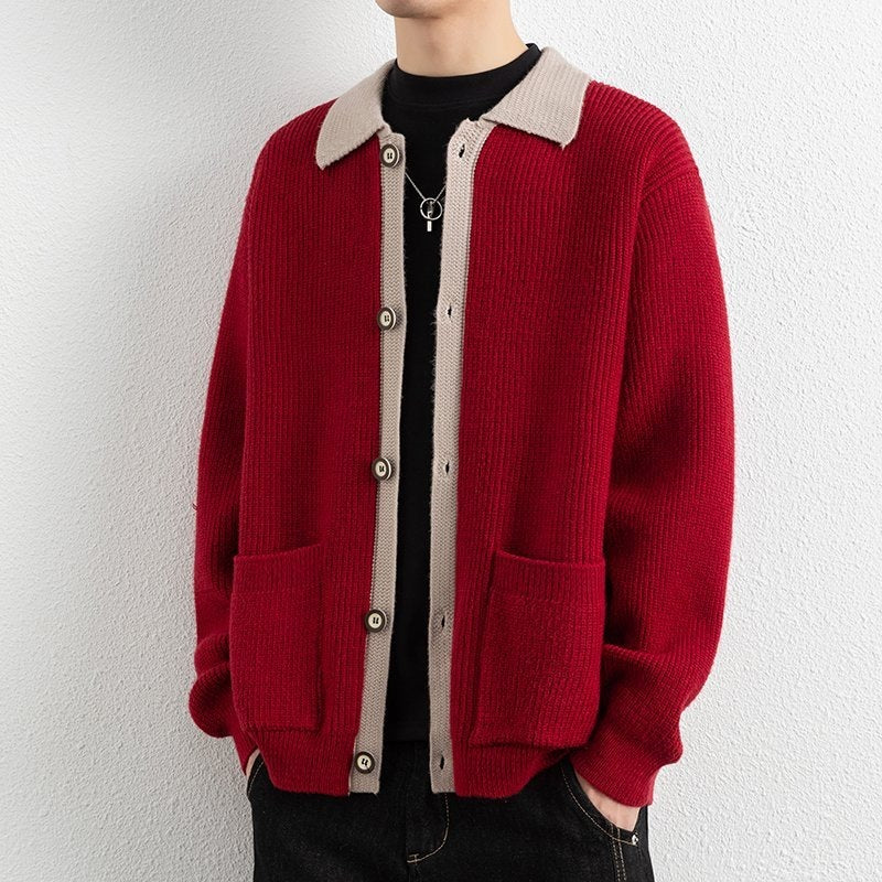 Herren Kontrastkragen-Strickjacke mit durchgehender Knopfleiste und aufgesetzten Taschen Nord Taschen