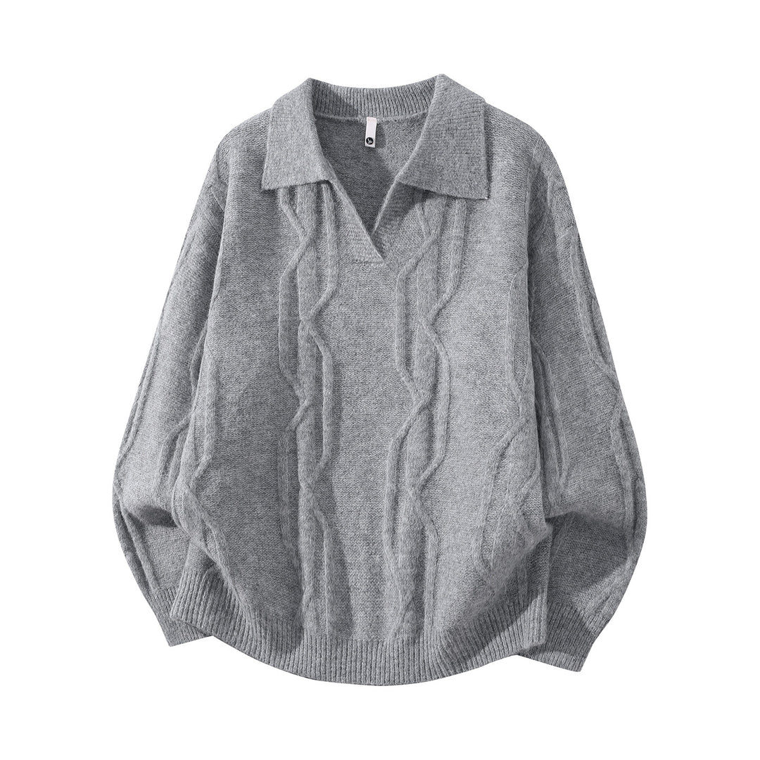 Damen Oversize Mohair‑Optik Zopfstrickpullover mit Polokragen und V‑Ausschnitt Nord Taschen