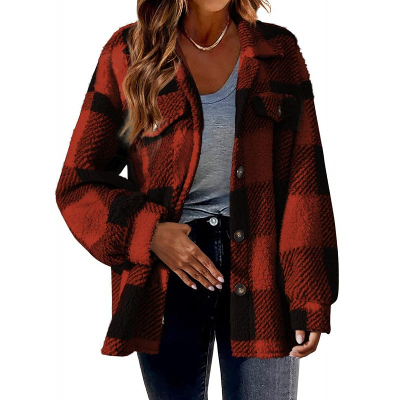 Damen Karierte Teddy‑Hemdjacke im Oversize‑Shacket‑Stil Nord Taschen