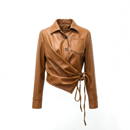 Damen Taillierte Wickeljacke aus Lederoptik mit Bindegürtel und Hemdkragen Nord Taschen