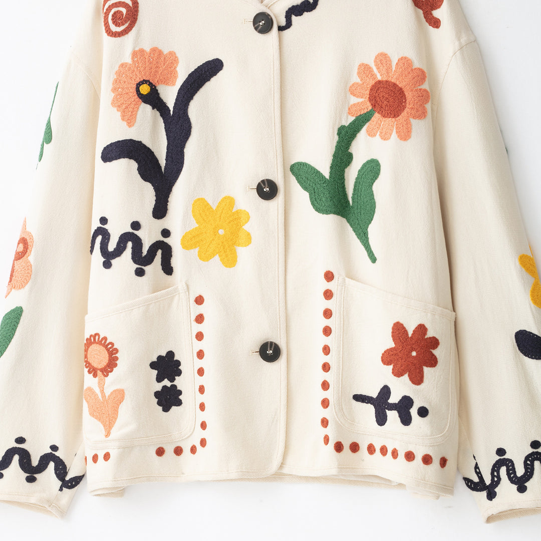 Damen Bestickte Oversize Baumwolljacke mit Blumendekor und Knopfleiste Nord Taschen