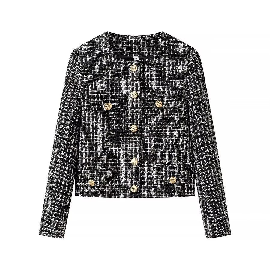Damen Kurze Bouclé-Tweed-Jacke mit Rundhals, dekorativen Zierknöpfen und aufgesetzten Taschen Nord Taschen