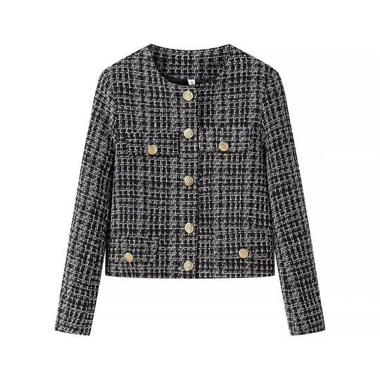 Damen Kurze Bouclé-Tweed-Jacke mit Rundhals, dekorativen Zierknöpfen und aufgesetzten Taschen Nord Taschen