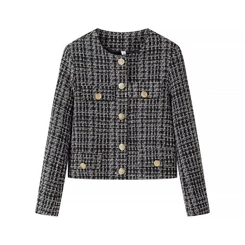 Damen Kurze Bouclé-Tweed-Jacke mit Rundhals, dekorativen Zierknöpfen und aufgesetzten Taschen Nord Taschen