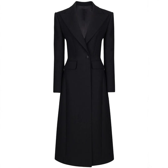 Damen Taillierter Longline-Mantel mit spitzem Revers und Gehschlitz Nord Taschen