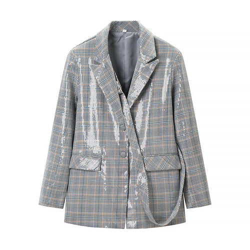 Damen Oversize Glencheck-Blazer mit einreihiger Knopfleiste, Pattentaschen und dezentem Paillettenbesatz Nord Taschen
