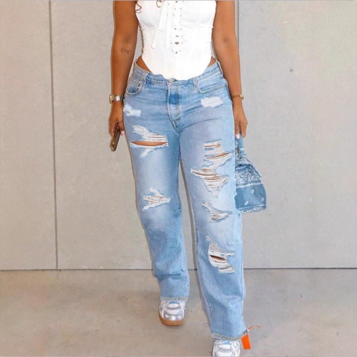 Damen Hochtaillierte Relaxed-Fit Straight-Jeans mit ausgeprägten Destroyed-Details Nord Taschen