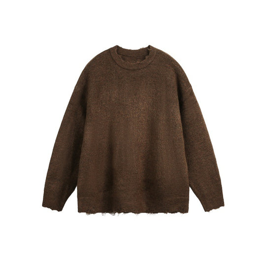 Unisex Oversize Grobstrickpullover mit Rundhalsausschnitt und ausgefranstem Saum Nord Taschen