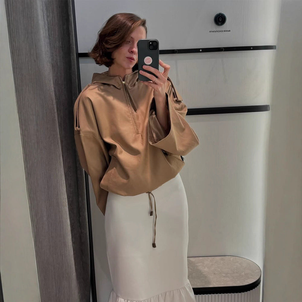 Damen Oversize Kapuzenpullover mit halbem Reißverschluss, Ballonärmeln & Tunnelzug Nord Taschen