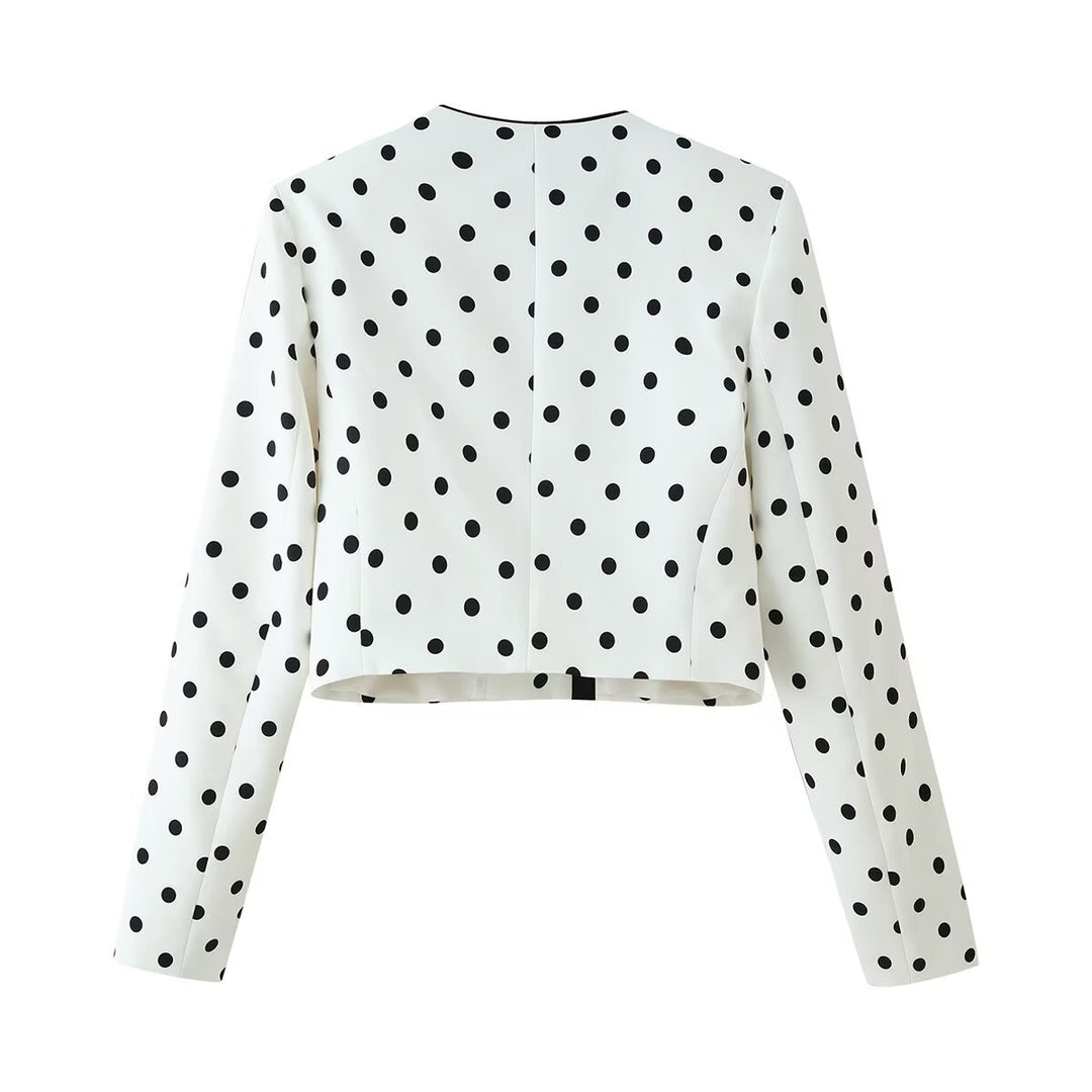 Damen Kurzblazer im Polka-Dot-Design mit Rundhalsausschnitt, kurzem Schnitt und Kontrastpaspeln Nord Taschen
