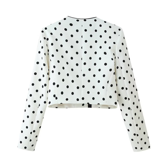 Damen Kurzblazer im Polka-Dot-Design mit Rundhalsausschnitt, kurzem Schnitt und Kontrastpaspeln Nord Taschen