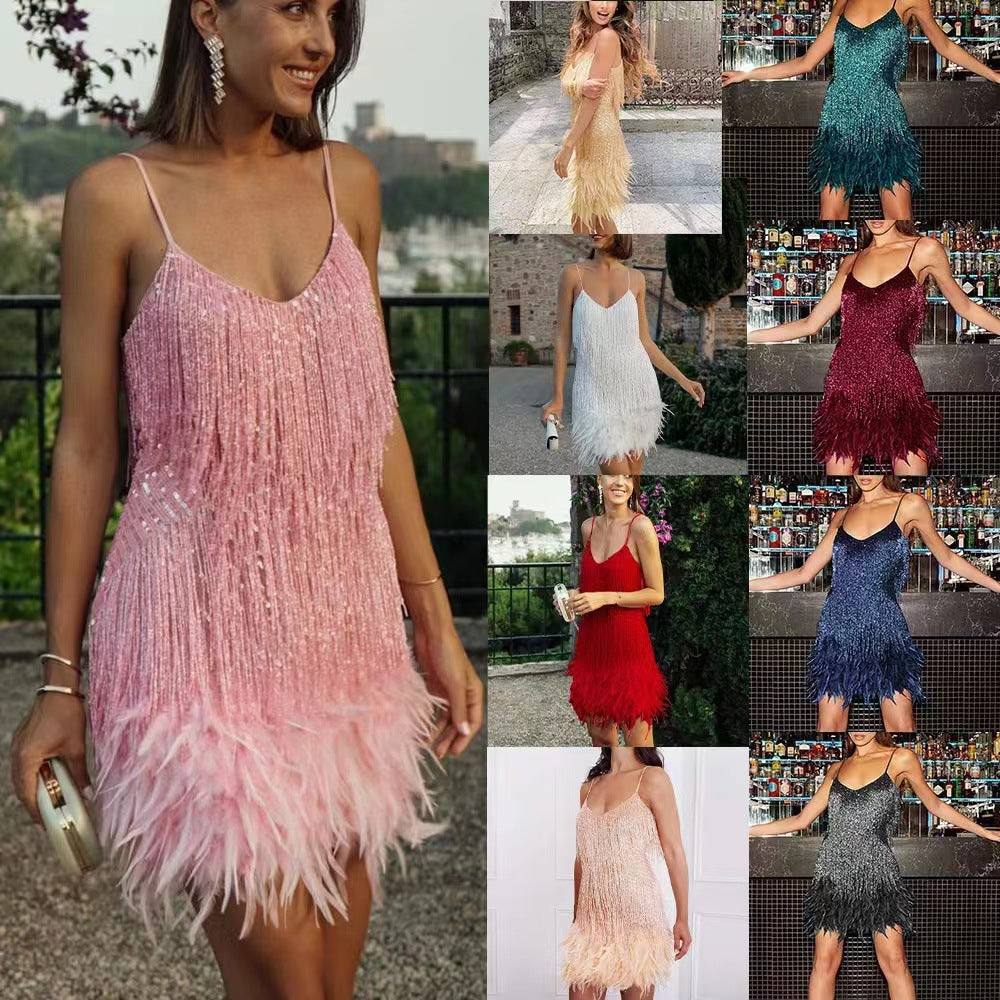 Damen Glitzerndes Mini-Kleid mit Fransendetails und schulterfreiem Design Nord Taschen