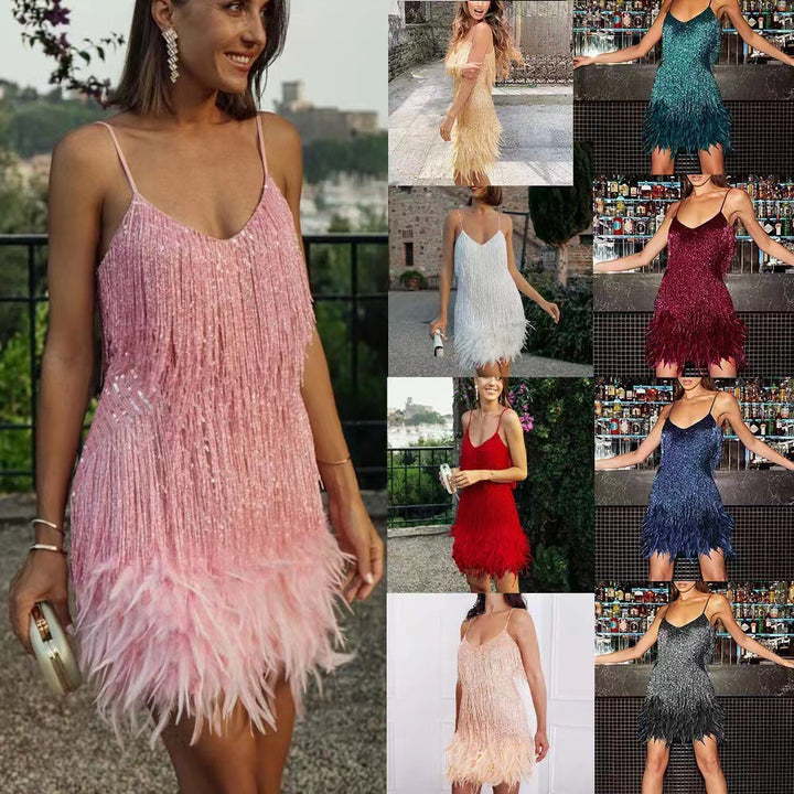 Damen Glitzerndes Mini-Kleid mit Fransendetails und schulterfreiem Design Nord Taschen