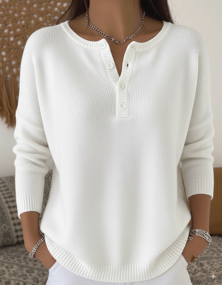 Damen Bequemer und eleganter Strickpullover mit Knopfleiste Nord Taschen