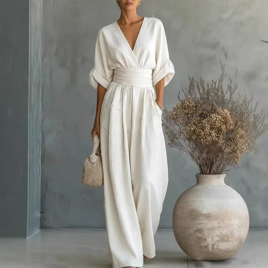 Eleganter Ärmelloser Jumpsuit mit Tiefem V-Ausschnitt, Taillenbund und Weitem Bein Avellé
