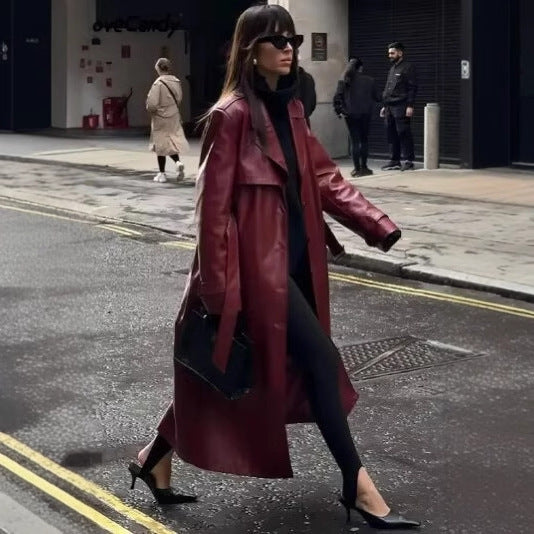 Damen Langer Kunstleder‑Trenchcoat mit Taillengürtel, weitem Revers und wasserabweisender Oberfläche Nord Taschen