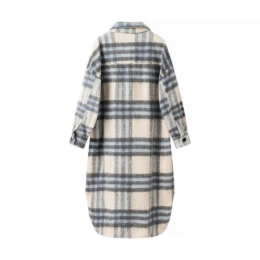 Damen Oversize-Hemdkleid-Mantel aus Wollmix mit Karomuster Nord Taschen