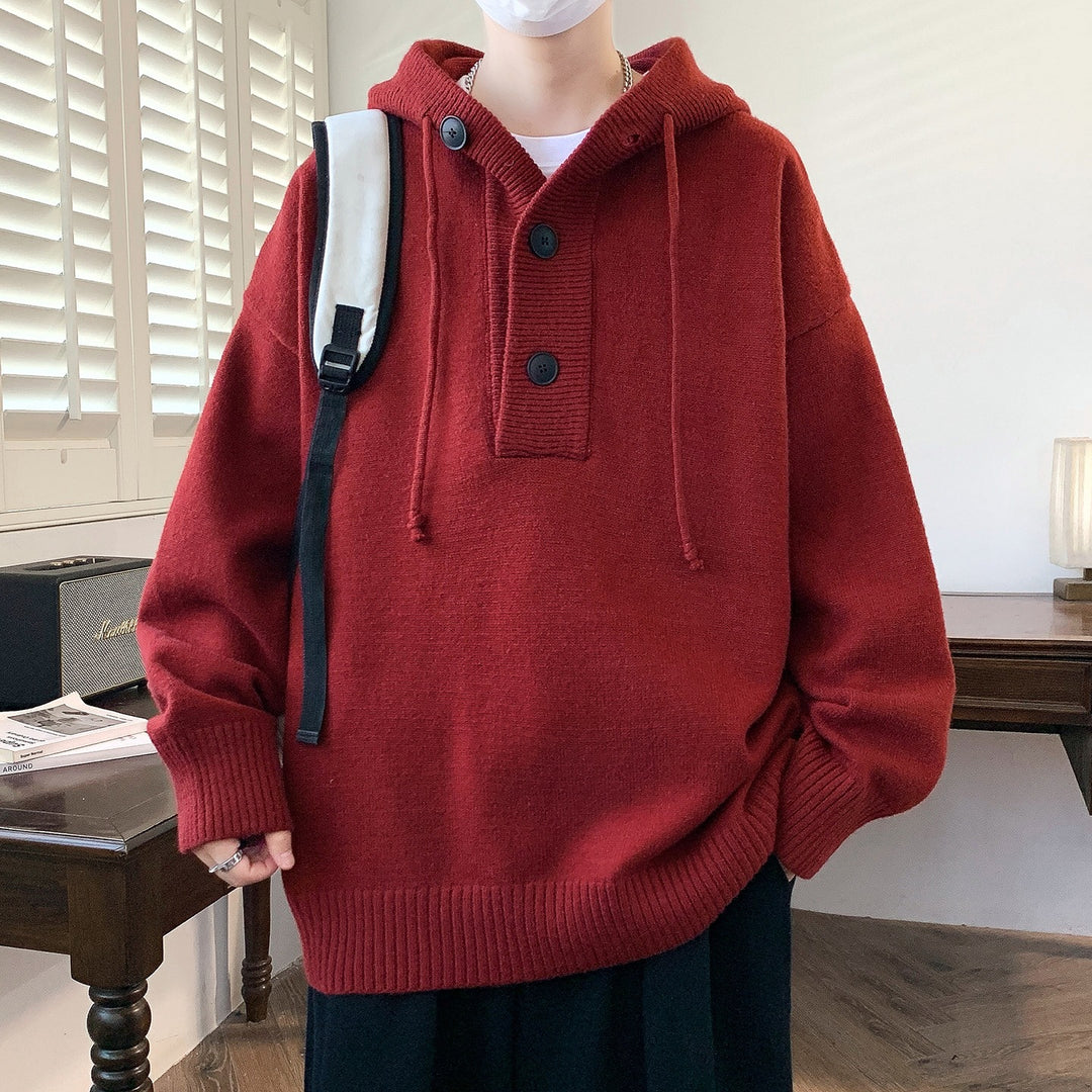 Unisex Oversize Strick-Hoodie mit Halbknopfblende und Rippbündchen Nord Taschen