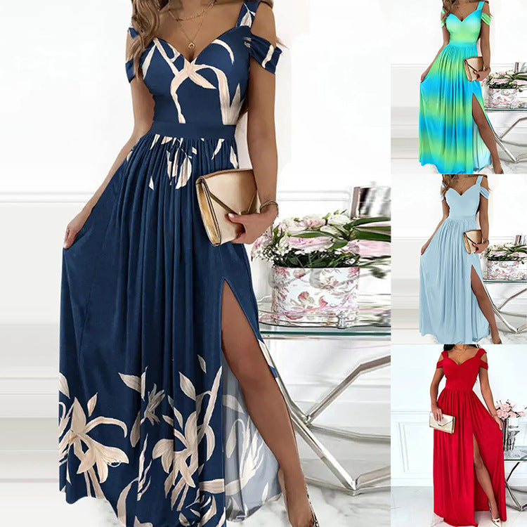 Damen Maxikleid mit elegantem Farbverlauf und schulterfreien Ärmeln