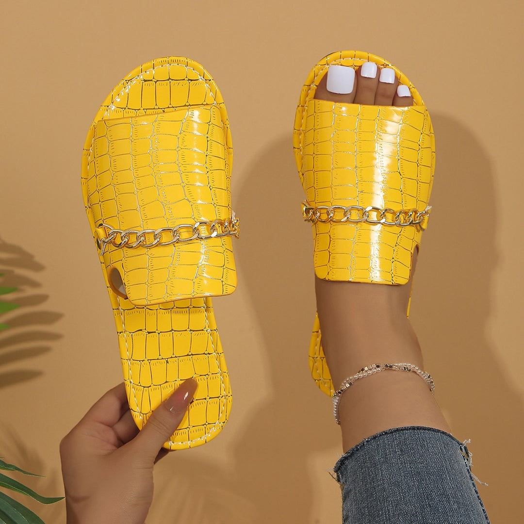 Damen  Croco Prägung Lederimitat Slide mit goldener Schmuckkette und gepolsterter Komfortsohle Nord Taschen