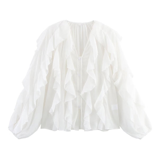 Damen Volant‑Chiffonbluse mit Lagen‑Rüschen und weiten Ballonärmeln Nord Taschen