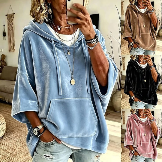 Damen Oversize Samt-Hoodie mit halbarm, Kapuze und Kängurutasche Nord Taschen