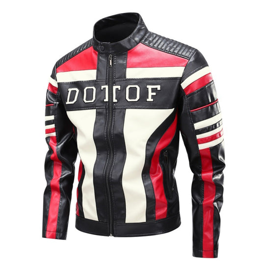 Herren Racing-Lederimitat-Bikerjacke mit Stehkragen, gesteppter Schulterpartie & Kontrast-Colourblocking Nord Taschen