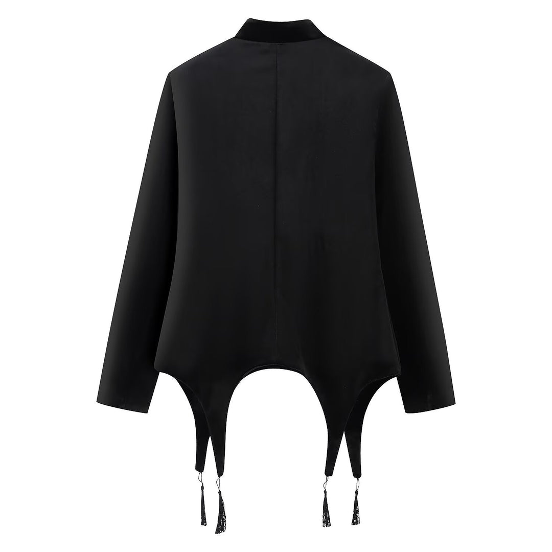 Damen Asymmetrische Kurzjacke mit Stehkragen, Kordelverschlüssen und Quasten-Saum Nord Taschen